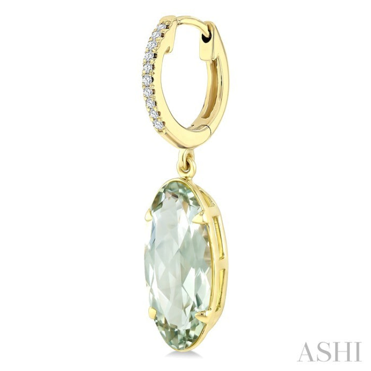 14X6 MM Oval Shape Green Amethyst and 1/10 Ctw Round Cut Diamond Semi-Precious Earrings in 14K Yellow Gold