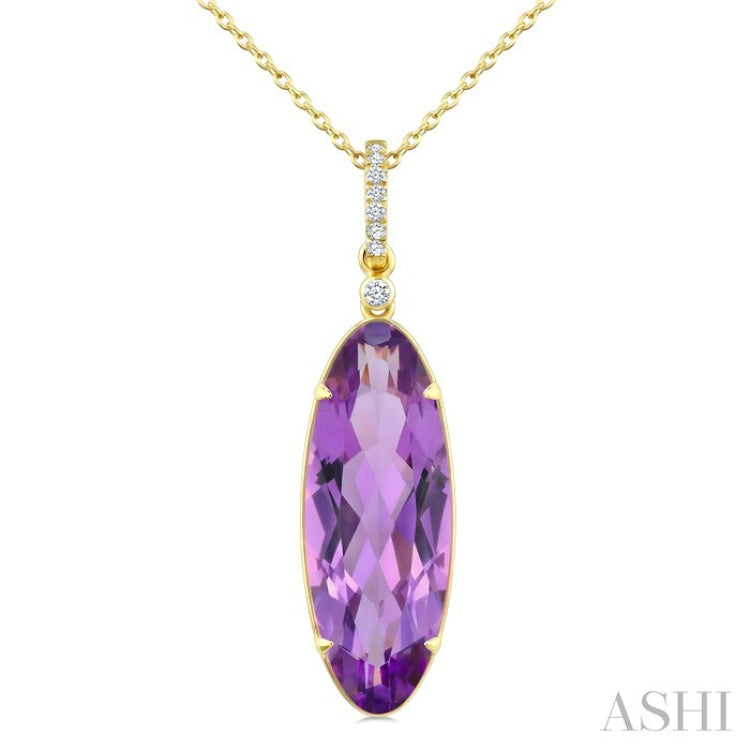 22X8 MM Oval Shape Amethyst and 1/20 Ctw Round Cut Diamond Semi-Precious Pendant With Chain in 14K Yellow Gold