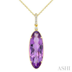 22X8 MM Oval Shape Amethyst and 1/20 Ctw Round Cut Diamond Semi-Precious Pendant With Chain in 14K Yellow Gold