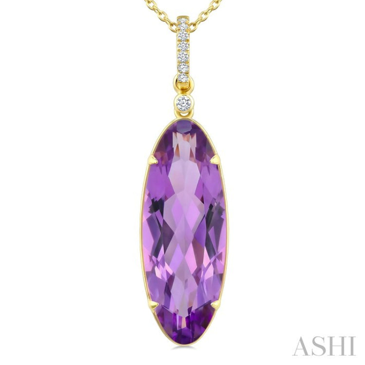 22X8 MM Oval Shape Amethyst and 1/20 Ctw Round Cut Diamond Semi-Precious Pendant With Chain in 14K Yellow Gold