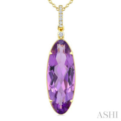 22X8 MM Oval Shape Amethyst and 1/20 Ctw Round Cut Diamond Semi-Precious Pendant With Chain in 14K Yellow Gold