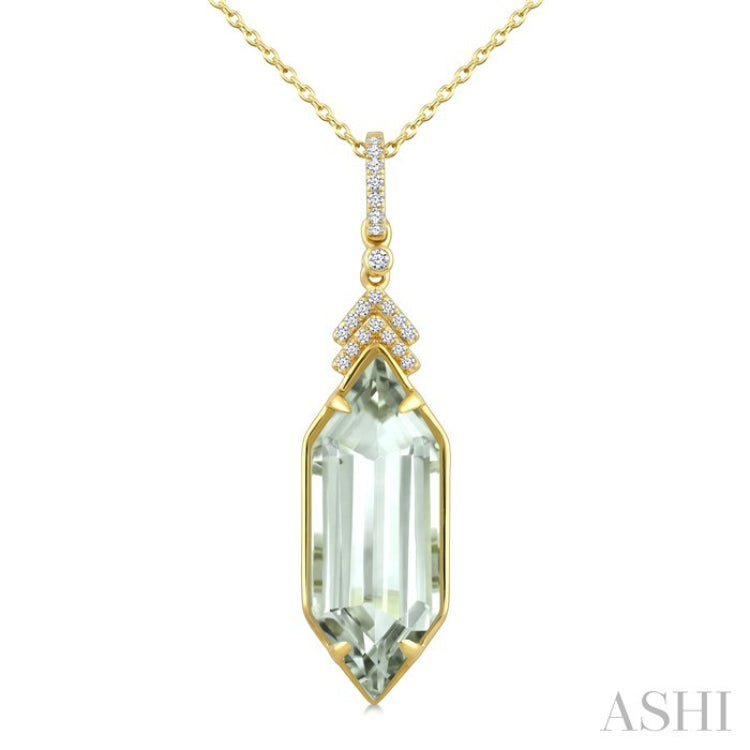 22X8 MM Hexagon Shape Green Amethyst and 1/10 Ctw Round Cut Diamond Semi-Precious Pendant With Chain in 14K Yellow Gold