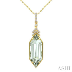 22X8 MM Hexagon Shape Green Amethyst and 1/10 Ctw Round Cut Diamond Semi-Precious Pendant With Chain in 14K Yellow Gold