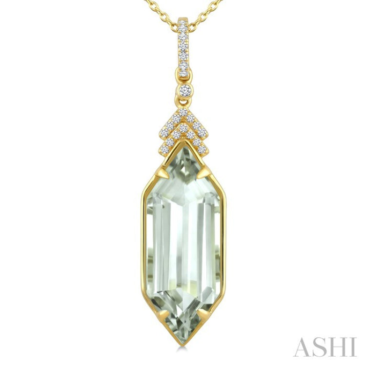 22X8 MM Hexagon Shape Green Amethyst and 1/10 Ctw Round Cut Diamond Semi-Precious Pendant With Chain in 14K Yellow Gold