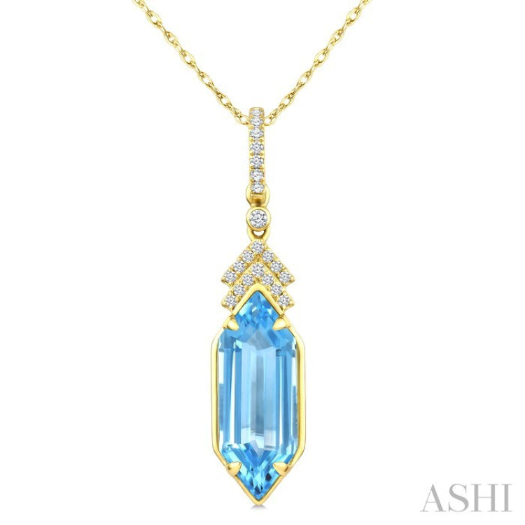 16X6 MM Hexagon Shape Blue Topaz and 1/10 Ctw Round Cut Diamond Semi-Precious Pendant With Chain in 10K Yellow Gold