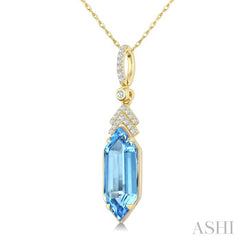 16X6 MM Hexagon Shape Blue Topaz and 1/10 Ctw Round Cut Diamond Semi-Precious Pendant With Chain in 10K Yellow Gold