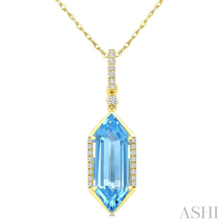 16X6 MM Hexagon Shape Blue Topaz and 1/10 Ctw Round Cut Diamond Semi-Precious Pendant With Chain in 10K Yellow Gold