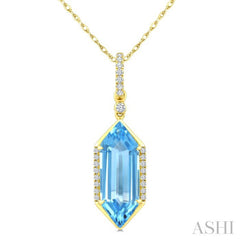 16X6 MM Hexagon Shape Blue Topaz and 1/10 Ctw Round Cut Diamond Semi-Precious Pendant With Chain in 10K Yellow Gold