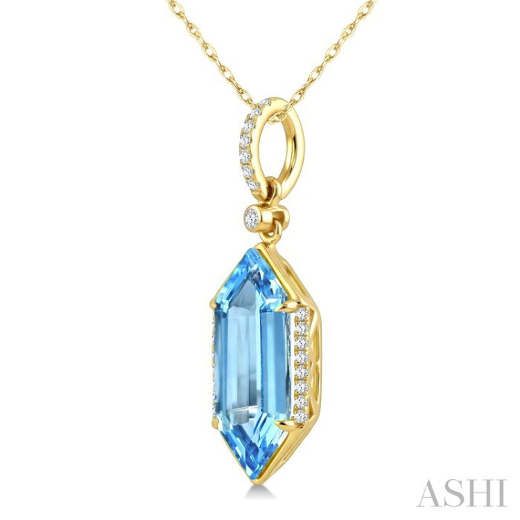 16X6 MM Hexagon Shape Blue Topaz and 1/10 Ctw Round Cut Diamond Semi-Precious Pendant With Chain in 10K Yellow Gold
