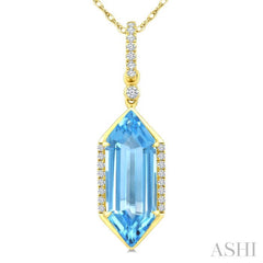 16X6 MM Hexagon Shape Blue Topaz and 1/10 Ctw Round Cut Diamond Semi-Precious Pendant With Chain in 10K Yellow Gold