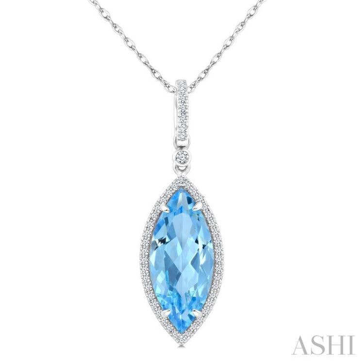 16X7 MM Marquise Shape Blue Topaz and 1/5 Ctw Round Cut Diamond Semi-Precious Pendant With Chain in 10K White Gold