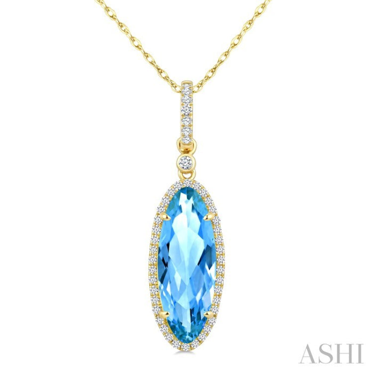 16X6 MM Oval Shape Blue Topaz and 1/5 Ctw Round Cut Diamond Semi-Precious Pendant With Chain in 10K Yellow Gold