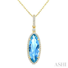 16X6 MM Oval Shape Blue Topaz and 1/5 Ctw Round Cut Diamond Semi-Precious Pendant With Chain in 10K Yellow Gold