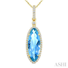 16X6 MM Oval Shape Blue Topaz and 1/5 Ctw Round Cut Diamond Semi-Precious Pendant With Chain in 10K Yellow Gold