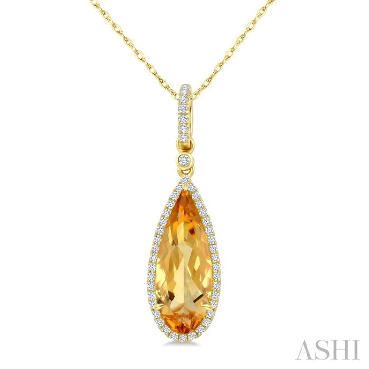 16X6 MM Pear Shape Citrine and 1/5 Ctw Round Cut Diamond Semi-Precious Pendant With Chain in 10K Yellow Gold