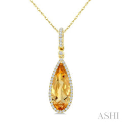 16X6 MM Pear Shape Citrine and 1/5 Ctw Round Cut Diamond Semi-Precious Pendant With Chain in 10K Yellow Gold