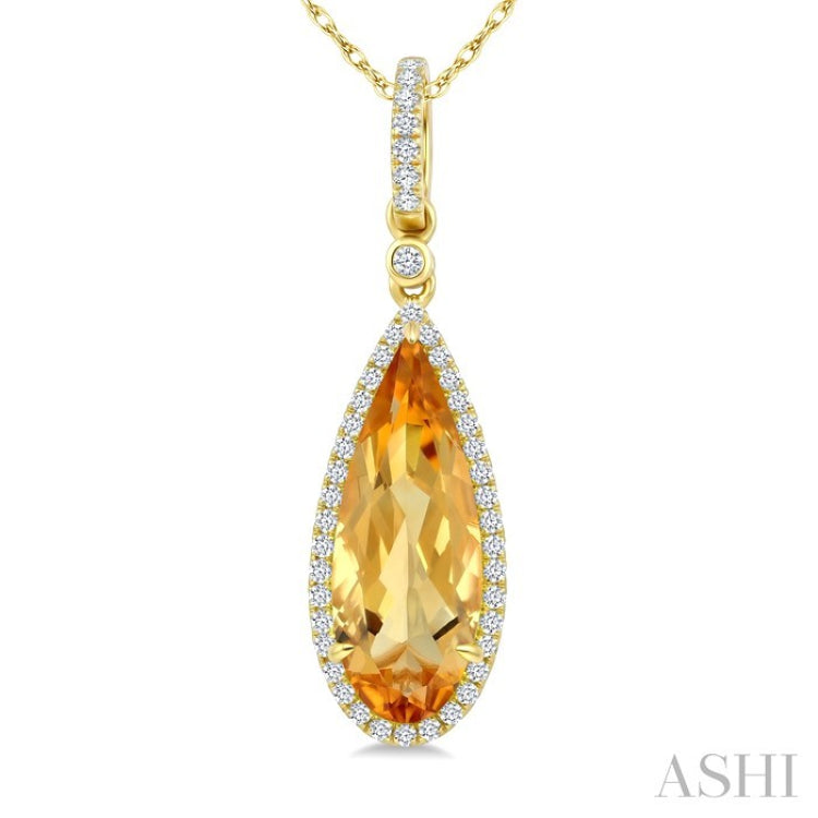 16X6 MM Pear Shape Citrine and 1/5 Ctw Round Cut Diamond Semi-Precious Pendant With Chain in 10K Yellow Gold