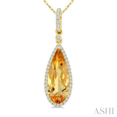 16X6 MM Pear Shape Citrine and 1/5 Ctw Round Cut Diamond Semi-Precious Pendant With Chain in 10K Yellow Gold
