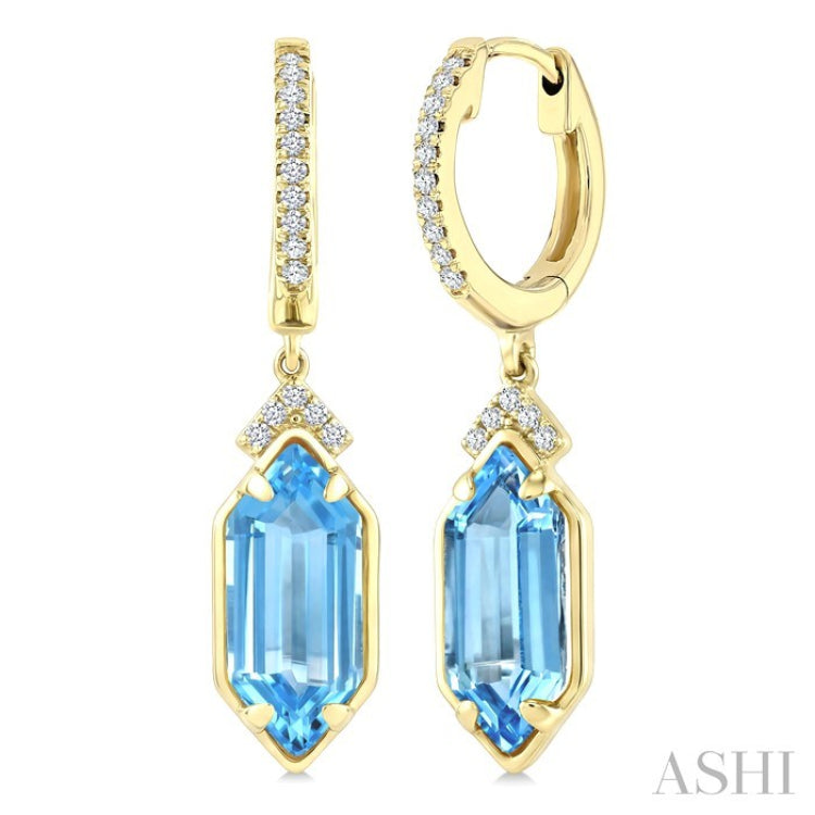 12X5 MM Hexagon Shape Blue Topaz and 1/6 Ctw Round Cut Diamond Semi-Precious Earrings in 10K Yellow Gold