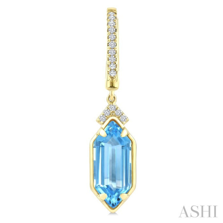 12X5 MM Hexagon Shape Blue Topaz and 1/6 Ctw Round Cut Diamond Semi-Precious Earrings in 10K Yellow Gold