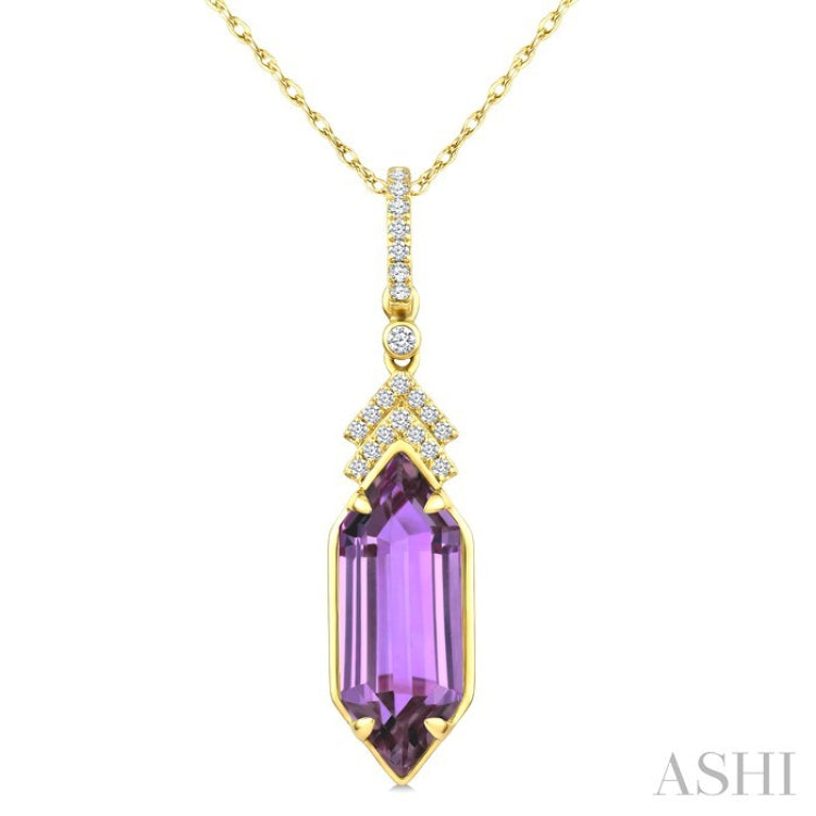 16X6 MM Hexagon Shape Amethyst and 1/10 Ctw Round Cut Diamond Semi-Precious Pendant With Chain in 10K Yellow Gold