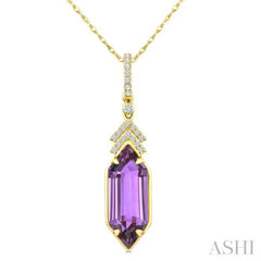 16X6 MM Hexagon Shape Amethyst and 1/10 Ctw Round Cut Diamond Semi-Precious Pendant With Chain in 10K Yellow Gold