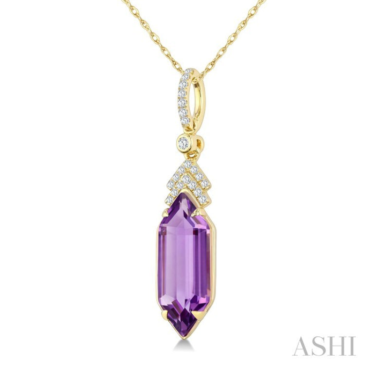 16X6 MM Hexagon Shape Amethyst and 1/10 Ctw Round Cut Diamond Semi-Precious Pendant With Chain in 10K Yellow Gold