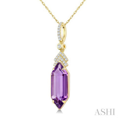 16X6 MM Hexagon Shape Amethyst and 1/10 Ctw Round Cut Diamond Semi-Precious Pendant With Chain in 10K Yellow Gold