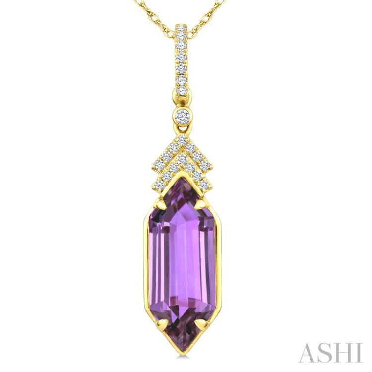 16X6 MM Hexagon Shape Amethyst and 1/10 Ctw Round Cut Diamond Semi-Precious Pendant With Chain in 10K Yellow Gold