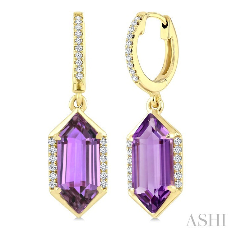 12X5 MM Hexagon Shape Amethyst and 1/5 Ctw Round Cut Diamond Semi-Precious Earrings in 10K Yellow Gold