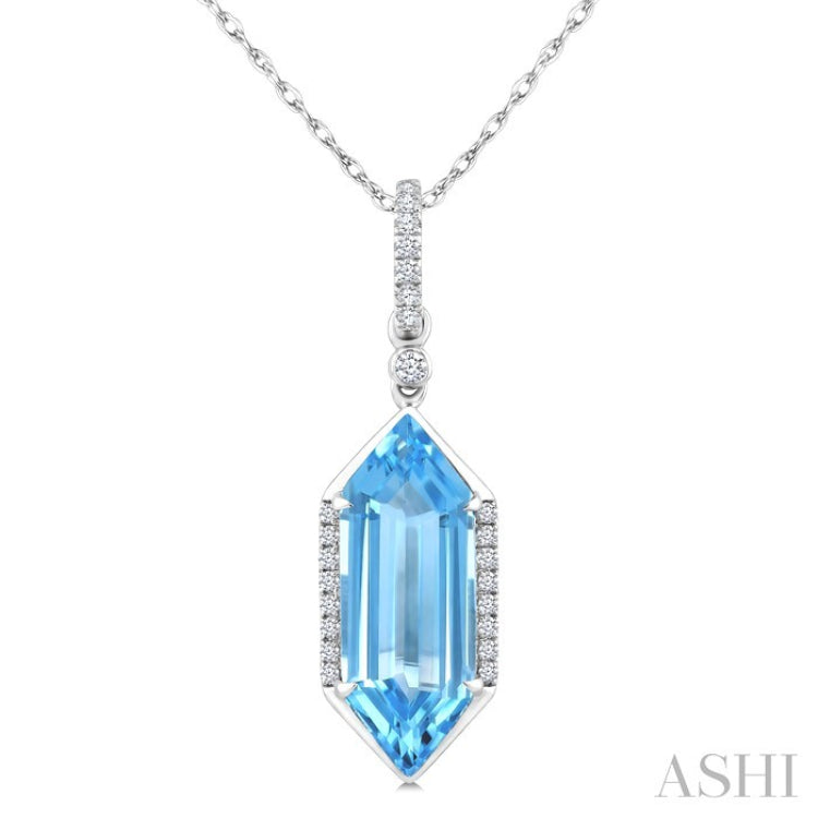 16X6 MM Hexagon Shape Blue Topaz and 1/10 Ctw Round Cut Diamond Semi-Precious Pendant With Chain in 10K White Gold
