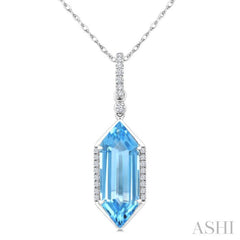 16X6 MM Hexagon Shape Blue Topaz and 1/10 Ctw Round Cut Diamond Semi-Precious Pendant With Chain in 10K White Gold