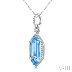 16X6 MM Hexagon Shape Blue Topaz and 1/10 Ctw Round Cut Diamond Semi-Precious Pendant With Chain in 10K White Gold