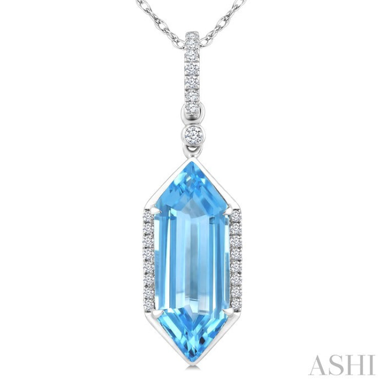 16X6 MM Hexagon Shape Blue Topaz and 1/10 Ctw Round Cut Diamond Semi-Precious Pendant With Chain in 10K White Gold
