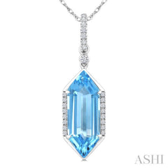 16X6 MM Hexagon Shape Blue Topaz and 1/10 Ctw Round Cut Diamond Semi-Precious Pendant With Chain in 10K White Gold