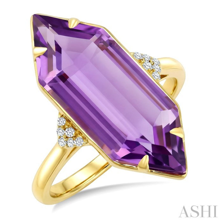 22X8 MM Hexagon Shape Amethyst and 1/20 Ctw Round Cut Diamond Semi-Precious Ring in 14K Yellow Gold
