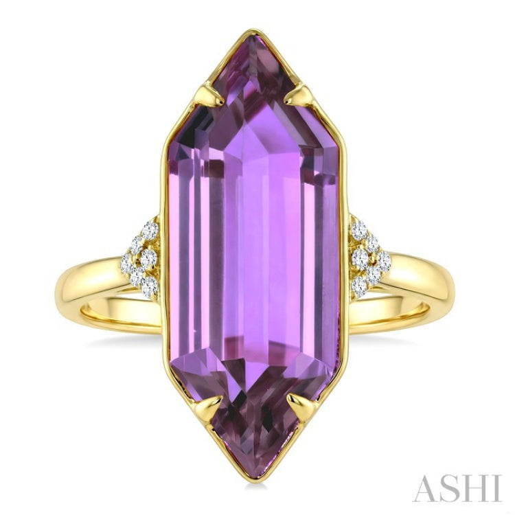22X8 MM Hexagon Shape Amethyst and 1/20 Ctw Round Cut Diamond Semi-Precious Ring in 14K Yellow Gold
