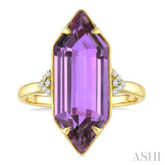 22X8 MM Hexagon Shape Amethyst and 1/20 Ctw Round Cut Diamond Semi-Precious Ring in 14K Yellow Gold