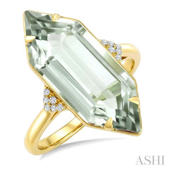 22X8 MM Hexagon Shape Green Amethyst and 1/20 Ctw Round Cut Diamond Semi-Precious Ring in 14K Yellow Gold