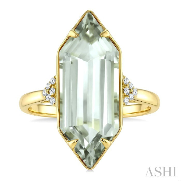 22X8 MM Hexagon Shape Green Amethyst and 1/20 Ctw Round Cut Diamond Semi-Precious Ring in 14K Yellow Gold