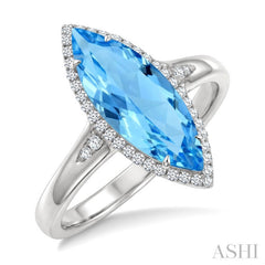 16X7 MM Marquise Shape Blue Topaz and 1/6 Ctw Round Cut Diamond Semi-Precious Ring in 10K White Gold