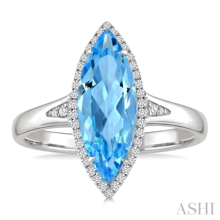 16X7 MM Marquise Shape Blue Topaz and 1/6 Ctw Round Cut Diamond Semi-Precious Ring in 10K White Gold
