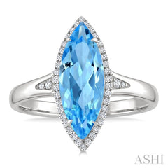 16X7 MM Marquise Shape Blue Topaz and 1/6 Ctw Round Cut Diamond Semi-Precious Ring in 10K White Gold
