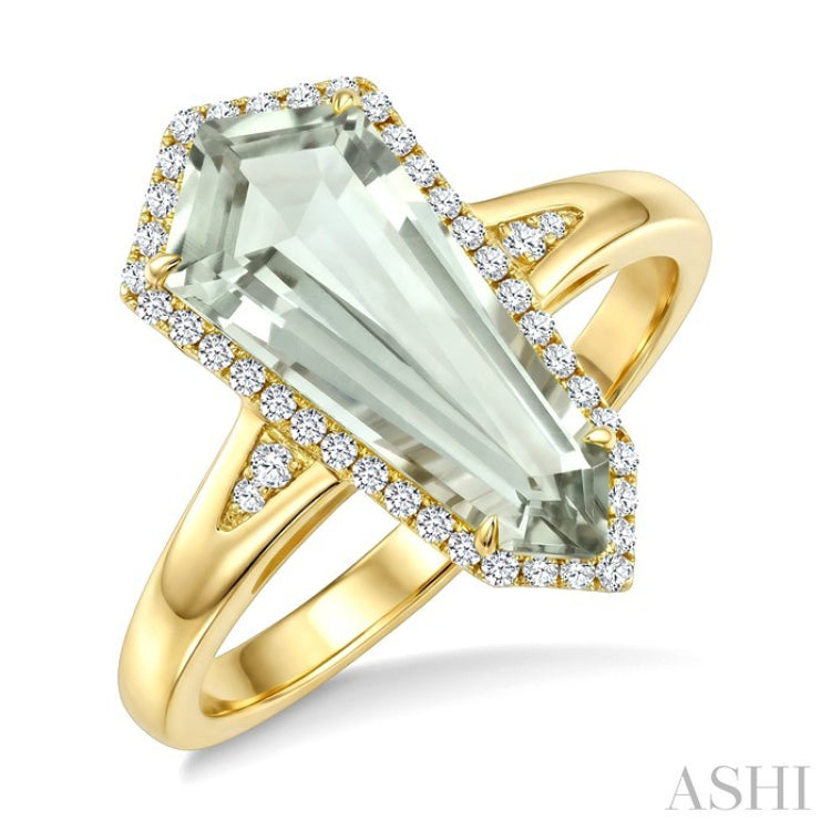 16X7 MM Shield Shape Green Amethyst and 1/6 Ctw Round Cut Diamond Semi-Precious Ring in 10K Yellow Gold