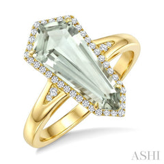 16X7 MM Shield Shape Green Amethyst and 1/6 Ctw Round Cut Diamond Semi-Precious Ring in 10K Yellow Gold