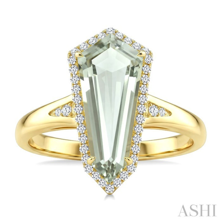 16X7 MM Shield Shape Green Amethyst and 1/6 Ctw Round Cut Diamond Semi-Precious Ring in 10K Yellow Gold