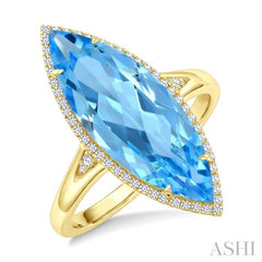 22X8 MM Marquise Shape Blue Topaz and 1/5 Ctw Round Cut Diamond Semi-Precious Ring in 14K Yellow Gold