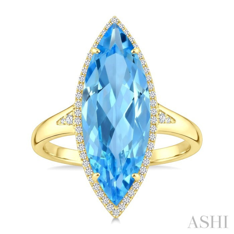 22X8 MM Marquise Shape Blue Topaz and 1/5 Ctw Round Cut Diamond Semi-Precious Ring in 14K Yellow Gold