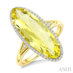 22X8 MM Oval Shape Lemon Quartz and 1/5 Ctw Round Cut Diamond Semi-Precious Ring in 14K Yellow Gold