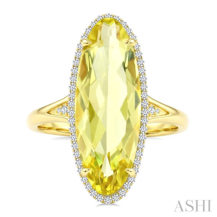 22X8 MM Oval Shape Lemon Quartz and 1/5 Ctw Round Cut Diamond Semi-Precious Ring in 14K Yellow Gold